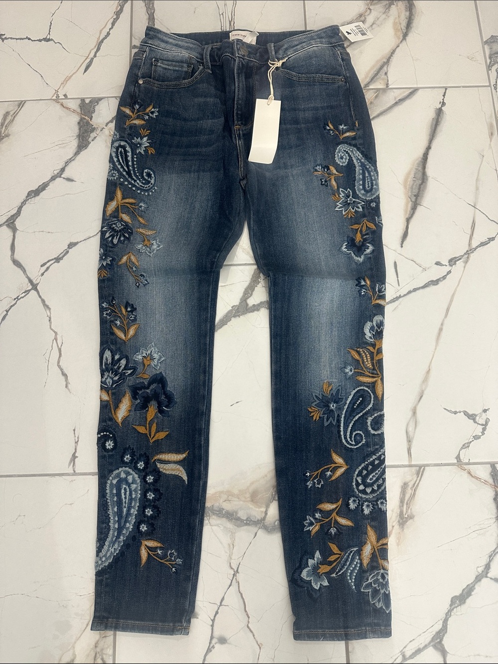 DRIFTWOOD Dark Blue Skinny Jeans with Blue and Gold Paisley Embroidery